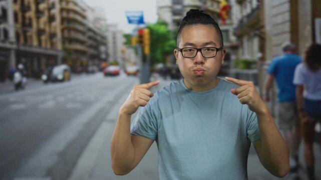 Man wearing glasses points finger to chest on busy city street in blue tshirt with puffed cheeks visible; self confidence playful.