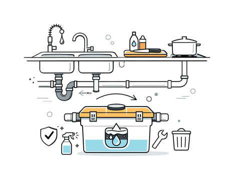 Grease Trap Setup. Commercial kitchen grease trap. A calm editorial scene of a grease trap connected to sinks and pipes in a professional kitchen setup.