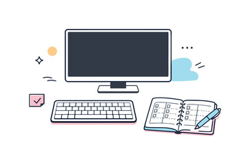 Minimalist Workspace Setup. Clean remote workspace setup. Flat minimal scene with keyboard, monitor and planner on a desk, suggesting professional home