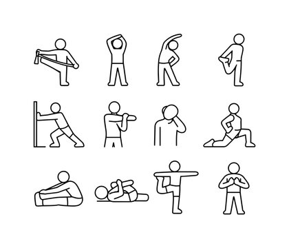 Stretching Icon Set. Stretching exercises. Line icon set of Stretching exercises: stretching strap, overhead stretch, side bend stretch, quad stretch, calf