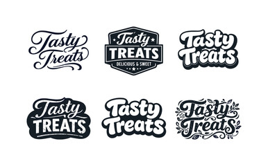 Fototapeta premium Artistic Lettering Grid. Tasty Treats. Set lettering. harmonious lettering variations of the same emblematic concept, each with different artistic