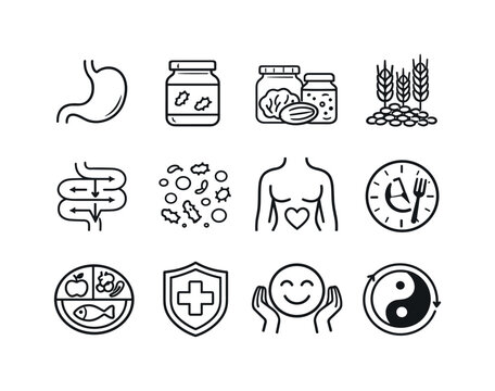Gut Health Icons. Gut Health. Line icon set of Gut Health: stomach icon, probiotics jar, fermented foods, fiber grains, digestion flow, microbiome dots,