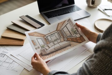  A designer holds a detailed hand-colored sketch of a modern living room layout over a desk filled with samples. 