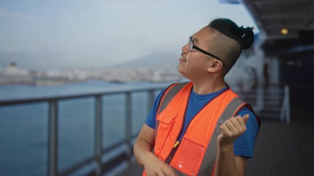 Man in orange reflective vest and glasses makes a closed fist gesture on building deck beside ship railing at sea; safety pride.