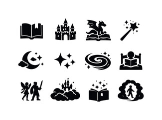 Naklejka premium Fairy Tale Icons. Fairy tale night. Solid icon set of Fairy tale night: fairy tale book, castle illustration, dragon story icon, magic wand, moonlit sky, stars