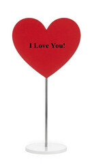Red heart shaped sign with i love you text on a stand isolated on transparent background