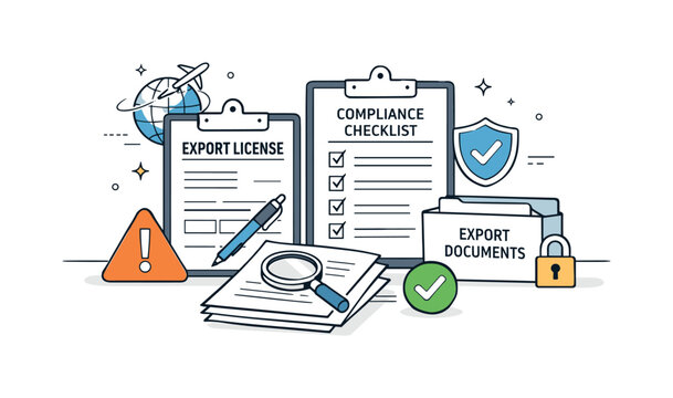 Export Compliance Desk. Export compliance concept. Desk scene with license forms, checklists, and simple warning or check icons, showing regulatory control.
