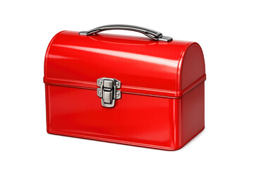 Red metal lunch box with handle and latch
