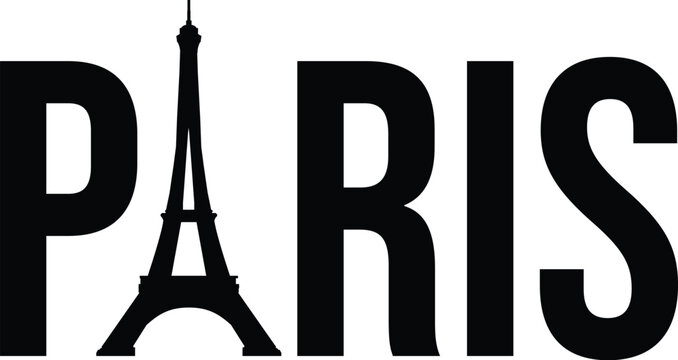 Paris typography with Eiffel Tower icon for France travel destination and European tourism branding design concepts