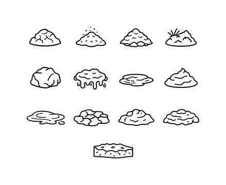 Mud Icons Set. Mud Types. Line icon set of Mud Types: clay mud, silt mud, sandy mud, peat mud, loamy mud, wet clay lump, sticky sludge mud, watery mud, thick