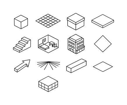 Isometric Icon Grid. Isometric Illustrations. Line icon set of Isometric Illustrations: cube, isometric grid, 3D box, floating platform, stairs, isometric