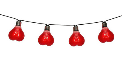 A string of four red light bulbs on a black cord isolated on transparent background