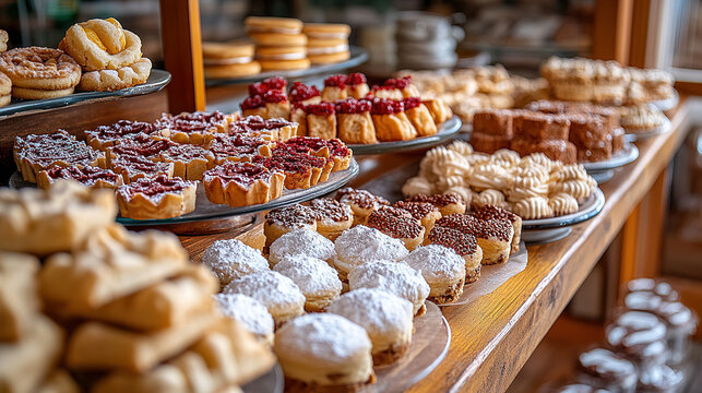 A display of assorted baked cookies and pastries on a wooden table.