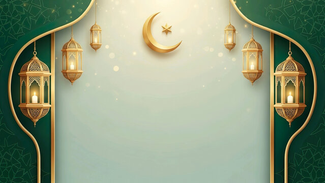 Ramadan festive background with golden lanterns and crescent moon