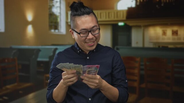 Young man smiling and counting rupiah banknotes with hands while seated in church pews; charity and joy.