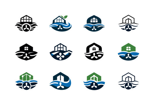 Urban Farming Logos. urban farming riptides. Icon set. Set Logo of urban farming riptides: tidal energy greenhouse. harmonious logo variations of the same
