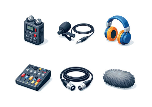 Isometric Sound Equipment Icons. Sound recording. Isometric flat vector icons set of sound recording: field recorder, lavalier microphone, headphones, audio