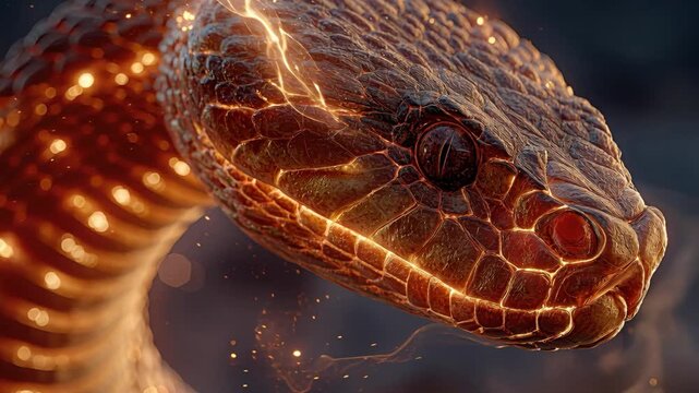 Detailed model of a copperhead-like snake, depicted in flames Fire dance mimicking unpredictable shapes Stark contrast between cool snake scales and vibrant flames Background hints a - AI-Generated