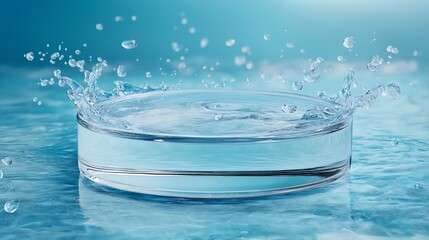 Empty circular glass podium placed on clear blue water with splashes in a mockup scene ideal for highlighting natural purity
