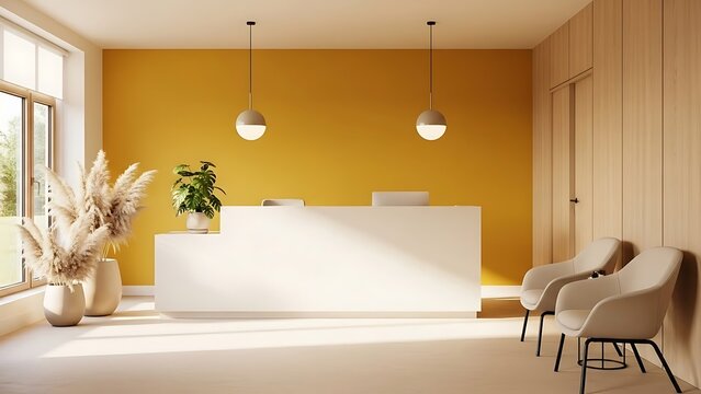Modern reception area with white desk and chairs in a bright yellow walled room illuminated by natural light