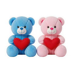 Two cute teddy bears holding red hearts on transparent background