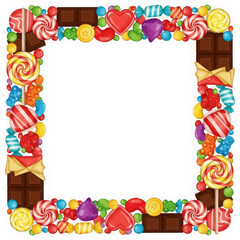 Colorful candy border frame with assorted sweets and chocolates isolated on transparent background
