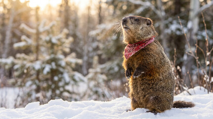 Obraz premium Groundhog Day celebration cute animal wearing red farmer bandana standing alert winter snow spring prediction for holiday greeting cards seasonal marketing wildlife photography editorial magazine