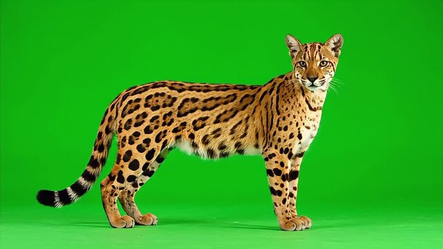 Ocelot wild cat standing still on a green screen background for chroma key