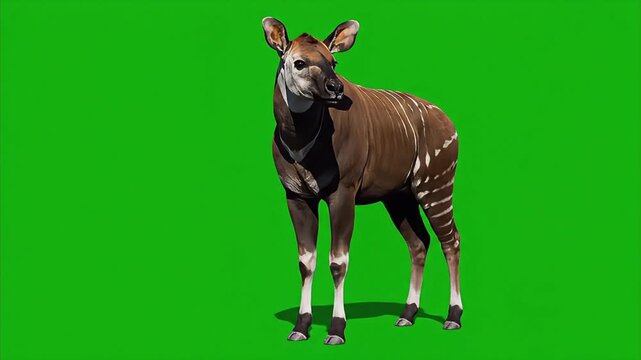 Okapi the Forest Giraffe Standing and Looking on Green Screen Background