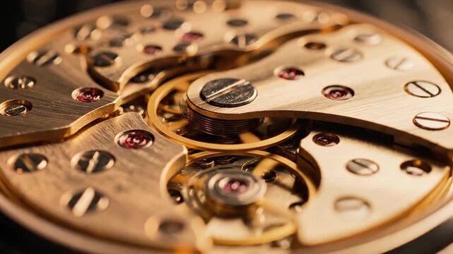 A close-up of a brass-colored mechanical watch movement with intricate gears and jewel bearings