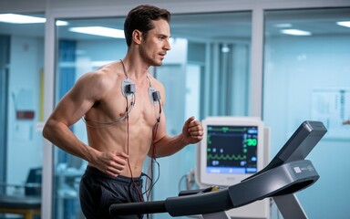 A fit man runs on a professional treadmill while connected to multiple ECG sensors for a cardiac health assessment. He is monitored by medical equipment that tracks his heart rate and performance in a