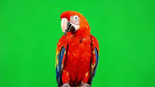 Vibrant Red Scarlet Macaw Parrot Perched on a Green Screen Background