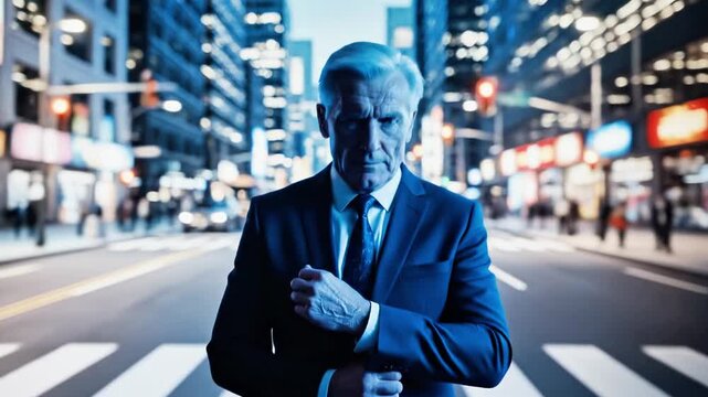 A man in a suit stands on a city street at night, looking at his watch