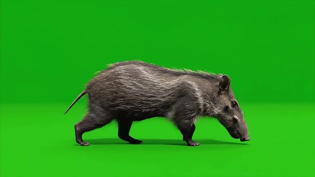 Wild Peccary Animal Walking in Profile on a Green Screen Background