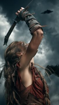 Strong young warrior woman holding a dagger under stormy sky with flying ravens, showing battle mood and dark fantasy style
