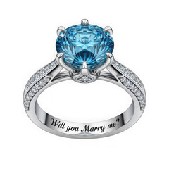 Engraved proposal ring with large blue gemstone and diamonds isolated on transparent background