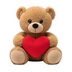 Cuddly brown teddy bear holding red heart isolated on transparent background