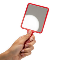 Hand holding a small red handheld mirror isolated on transparent background