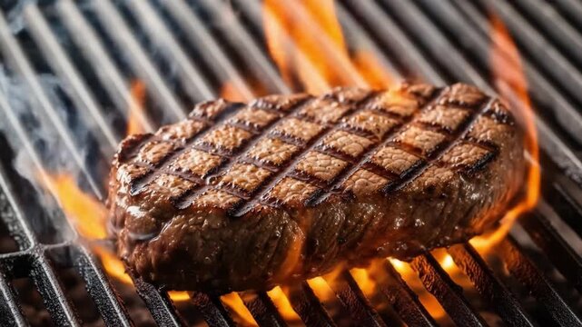 A grilled steak with visible grill marks, sizzling on a barbecue with flames. Perfect for food blogs, restaurant menus, cooking websites.