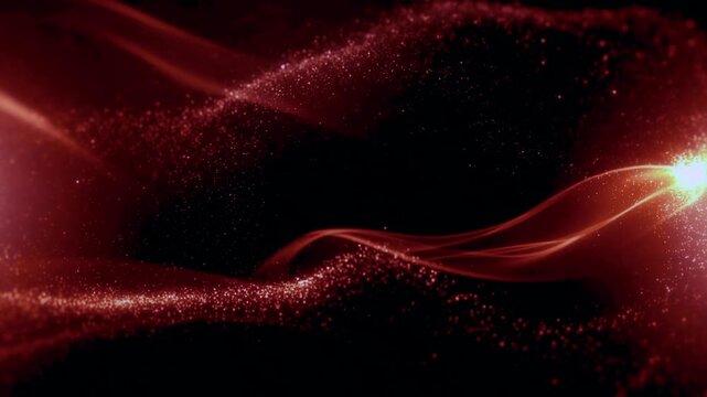 Abstract red maroon flowing lines with glowing dots particles with copy space background