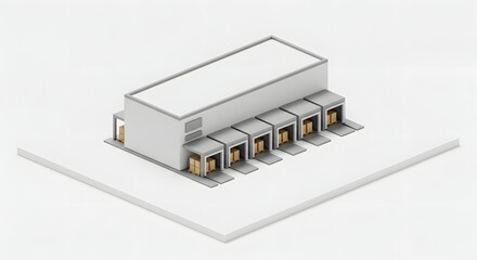 Isometric view of a white, modern warehouse with loading docks and boxes