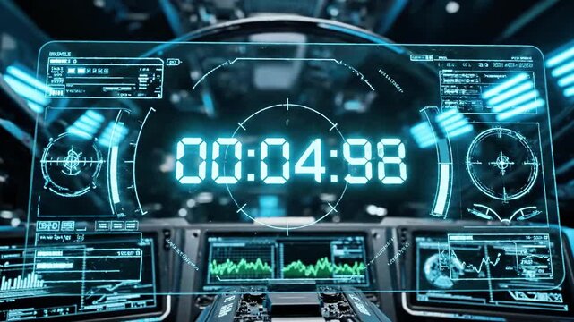 A futuristic dashboard displaying a digital timer and various control panels