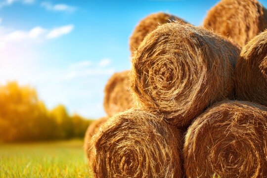 Beautiful Hay Bales at a Serene Farm Under a Clear Blue Sky