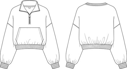 Technical fashion illustration of cropped half zip pullover sweatshirt with elastic hem and long sleeves, front and back views,  © Samol
