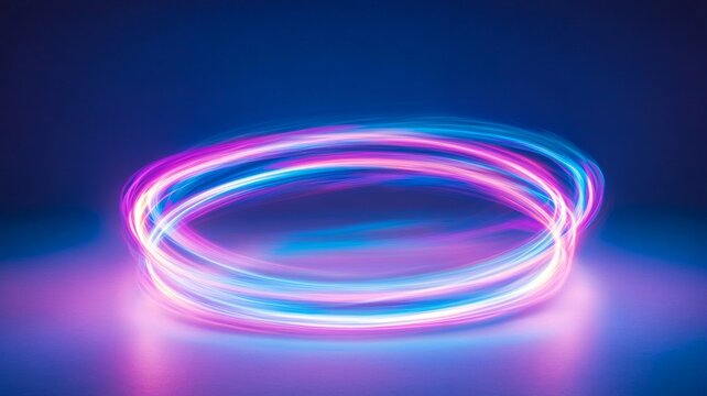 Enchanting neon magic circle with swirling light trails against dark background