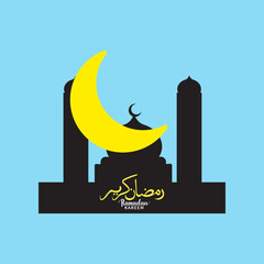Ramadan Kareem greeting calligraphy design with mosque silhouette and crescent moon vector illustration
