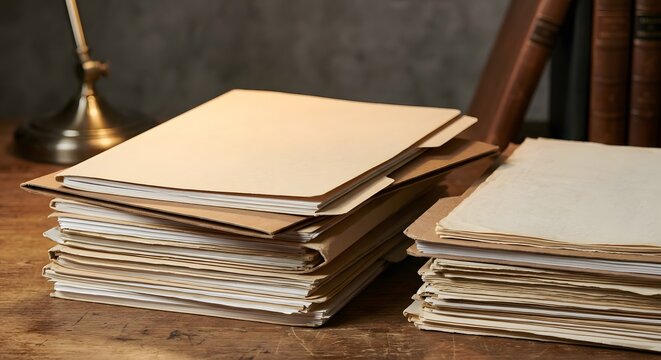 A close-up view of multiple stacks of aged manila folders and loose papers resting on a rustic wooden desk, featuring a classic lamp and old books in a blurred background.