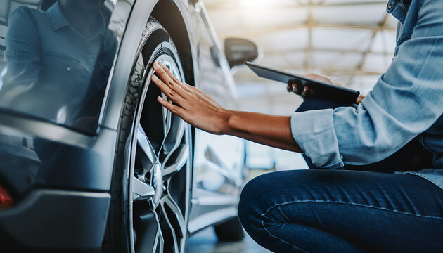 Mechanic Inspecting a Car Wheel and Tire During a Vehicle Inspection.