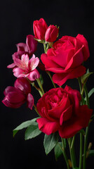 Obraz premium Vertical composition of fresh red roses against black background, symbolizing love, passion and elegance with strong contrast and isolated floral focus.