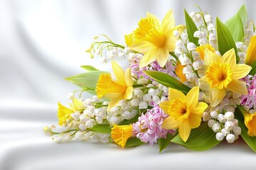Spring Bouquet Of Daffodils, Lily Of The Valley And Hyacinths